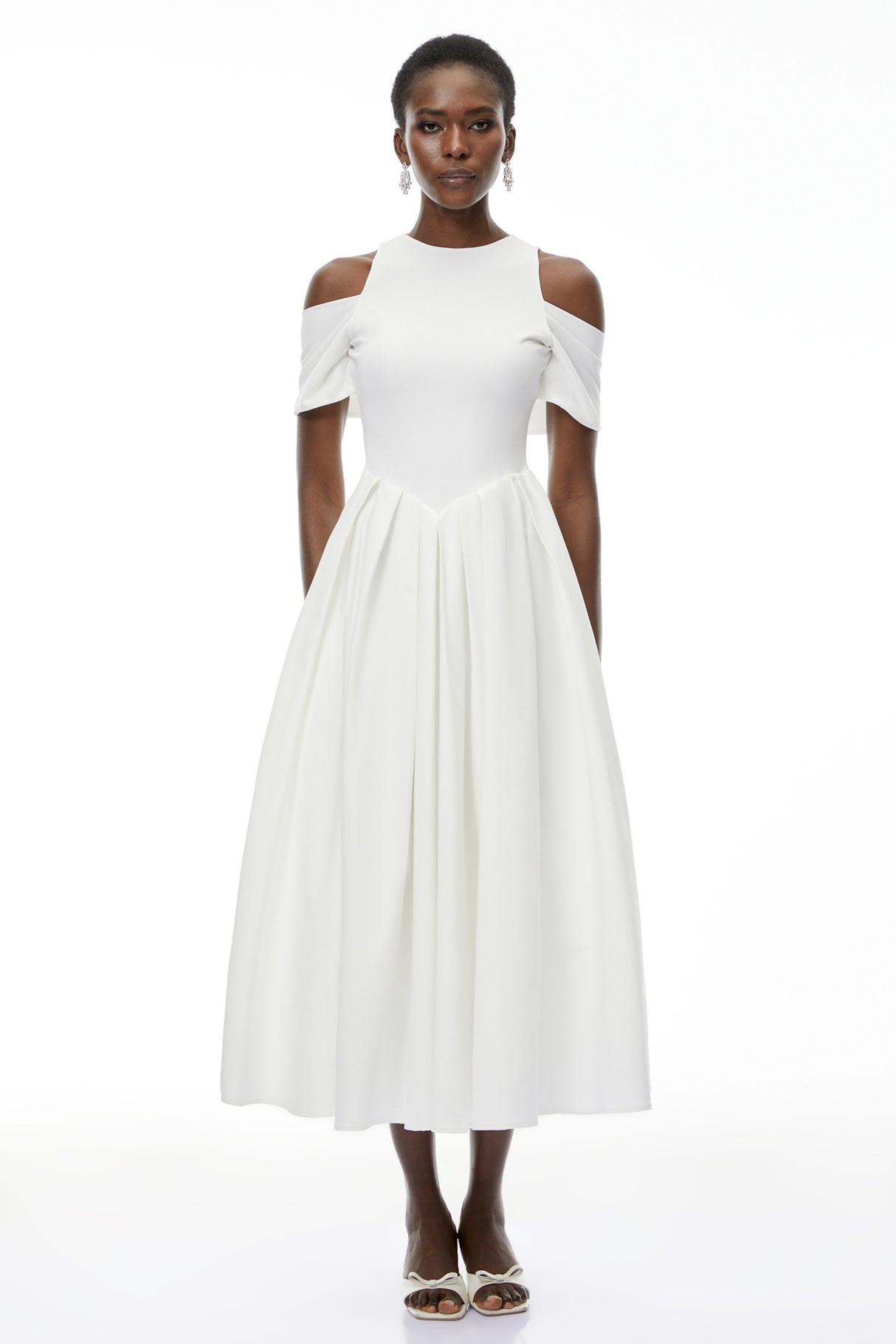 Aurohaya Ophelia White Pleated Midi Dress with Self-tie