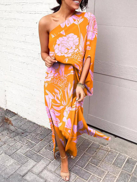 Aurohaya Exquisite Rose Print One Shoulder Slit Maxi Dress Orange