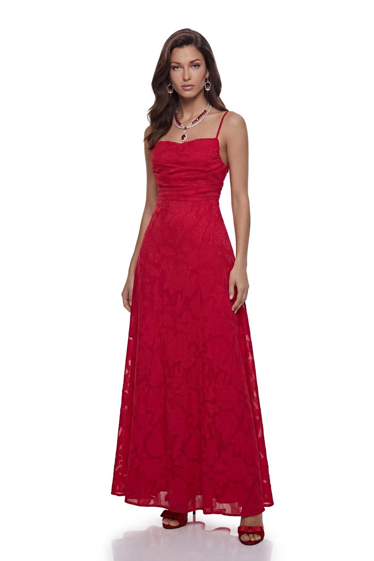 Aurohaya Oriane Red Floral Lace Maxi Dress