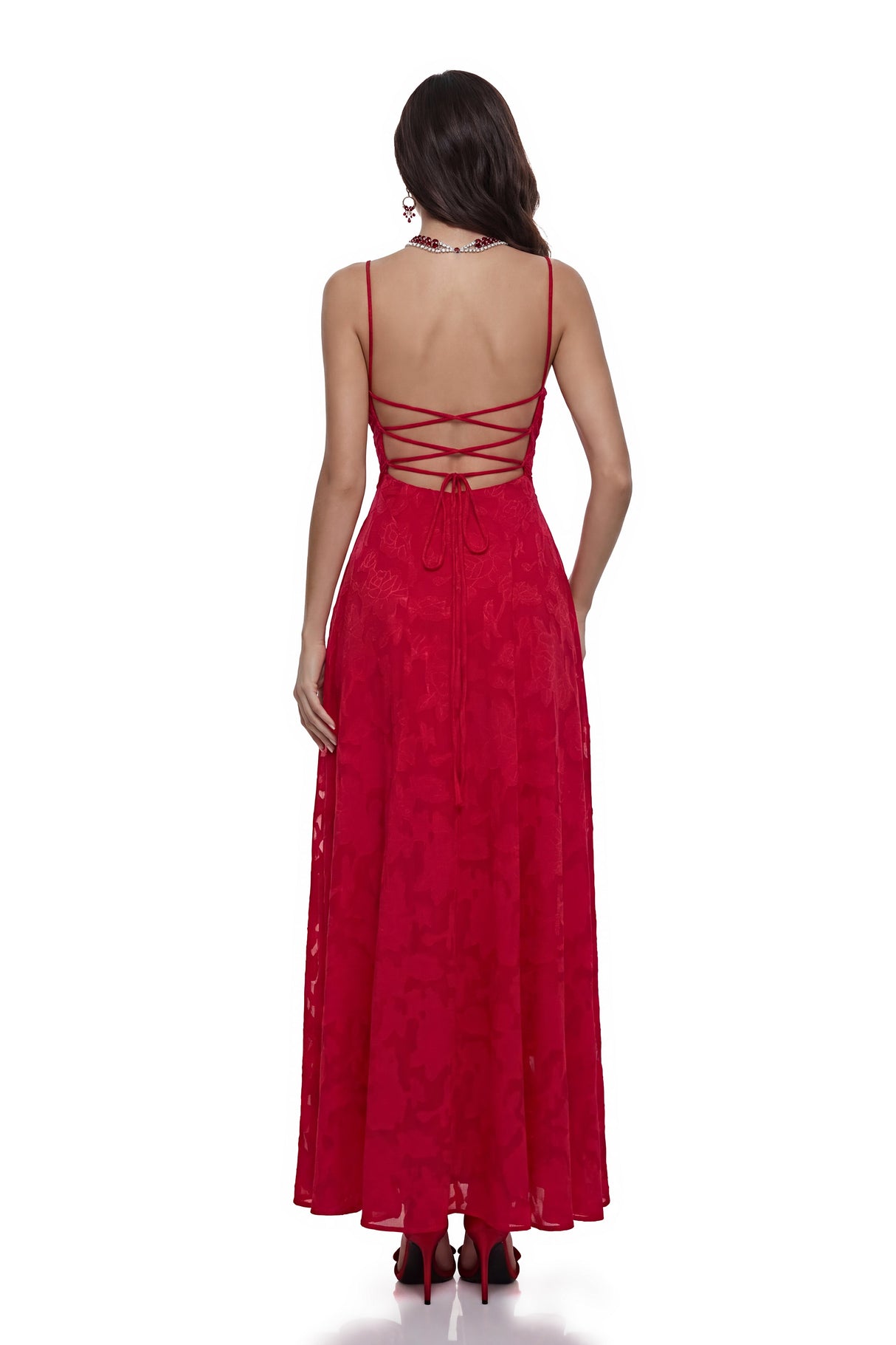 Aurohaya Oriane Red Floral Lace Maxi Dress