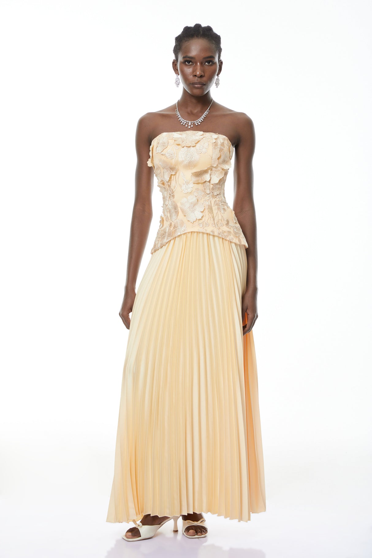 Aurohaya Orsola Yellow Floral Appliqué Top & Pleated Skirt Set