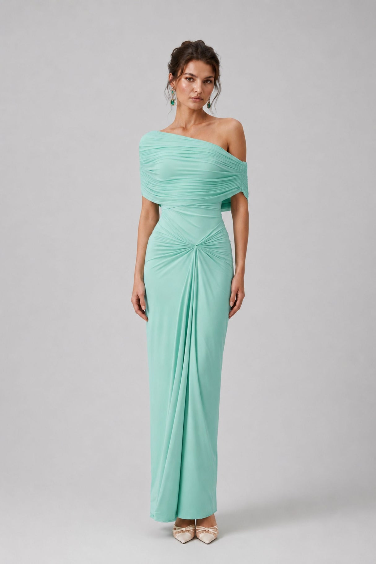 Osmanthe Asymmetrical Ruched Tulle Maxi Dress / Green