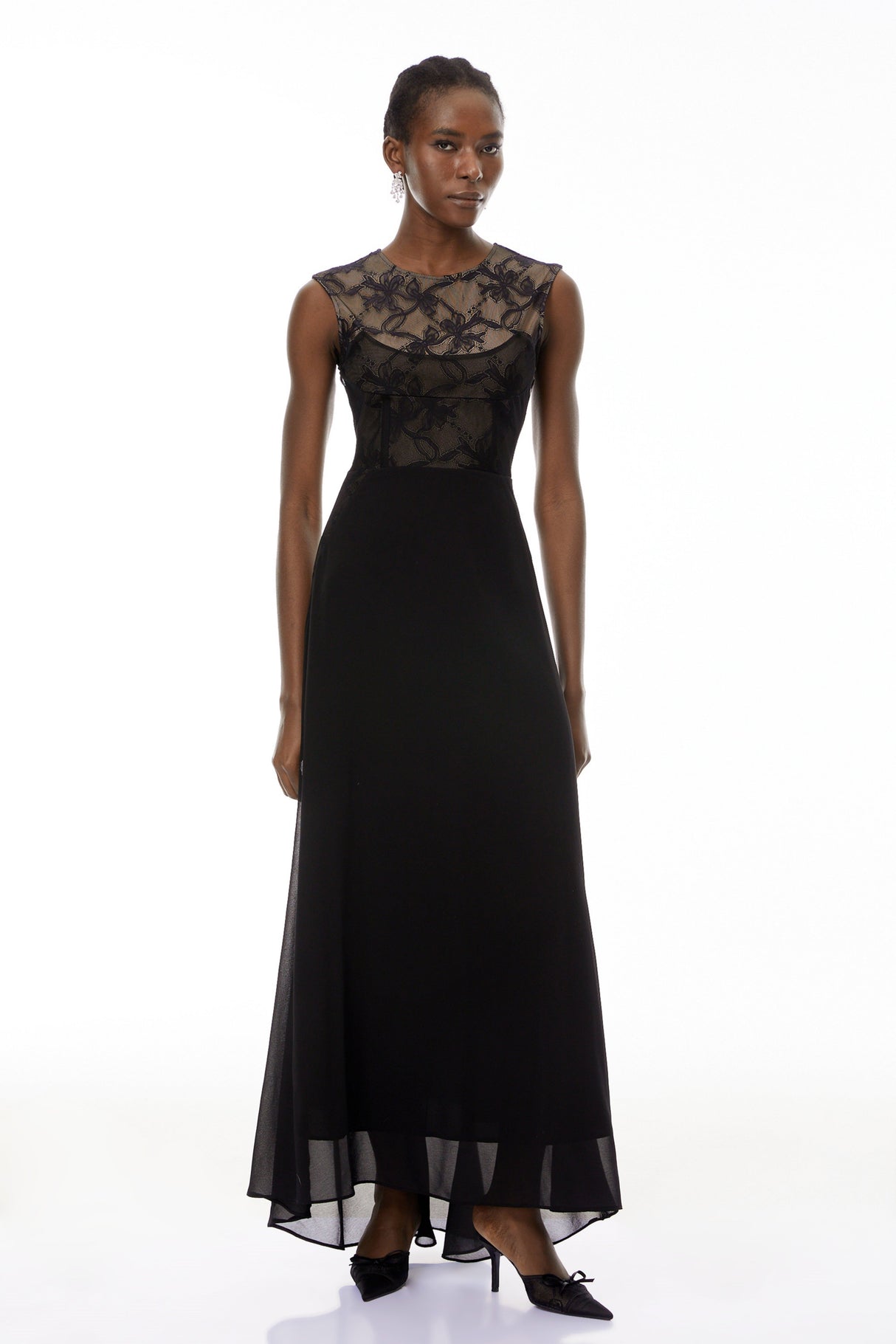 Aurohaya Ottilie Black Lace Panel Asymmetrical Maxi Dress