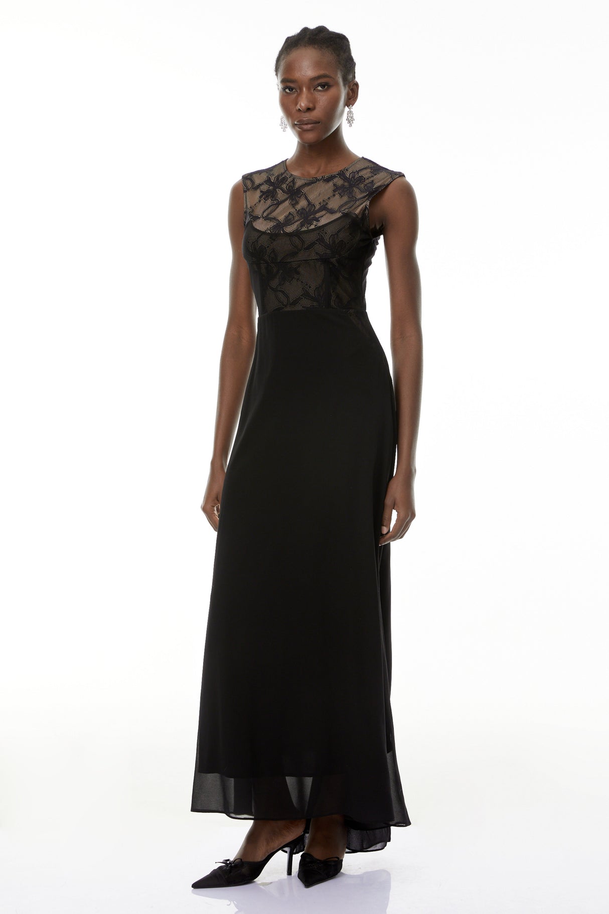 Aurohaya Ottilie Black Lace Panel Asymmetrical Maxi Dress