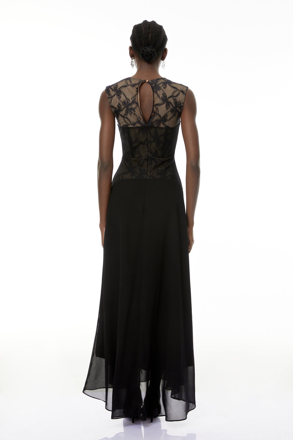Aurohaya Ottilie Black Lace Panel Asymmetrical Maxi Dress