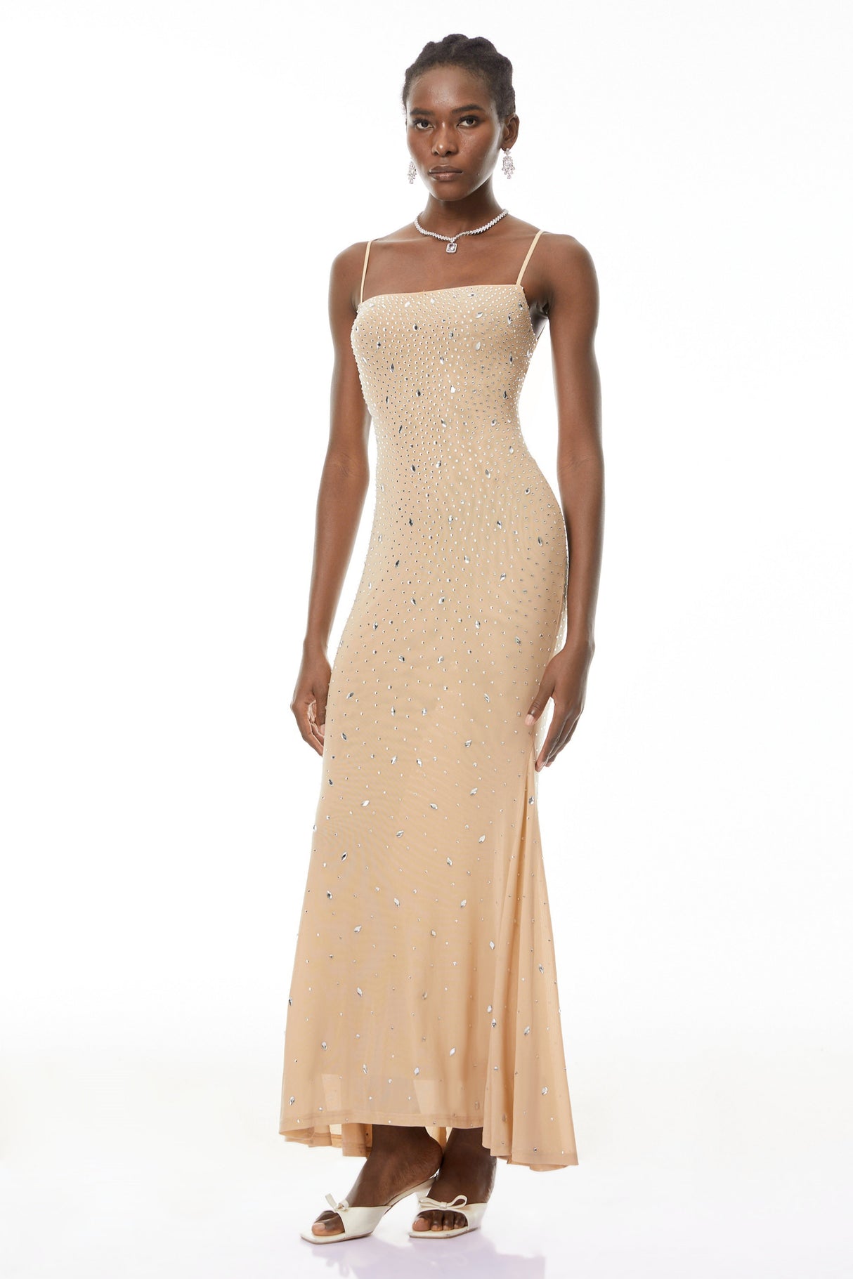 Aurohaya Ottilie Neutral Open Back Embellished Maxi Dress