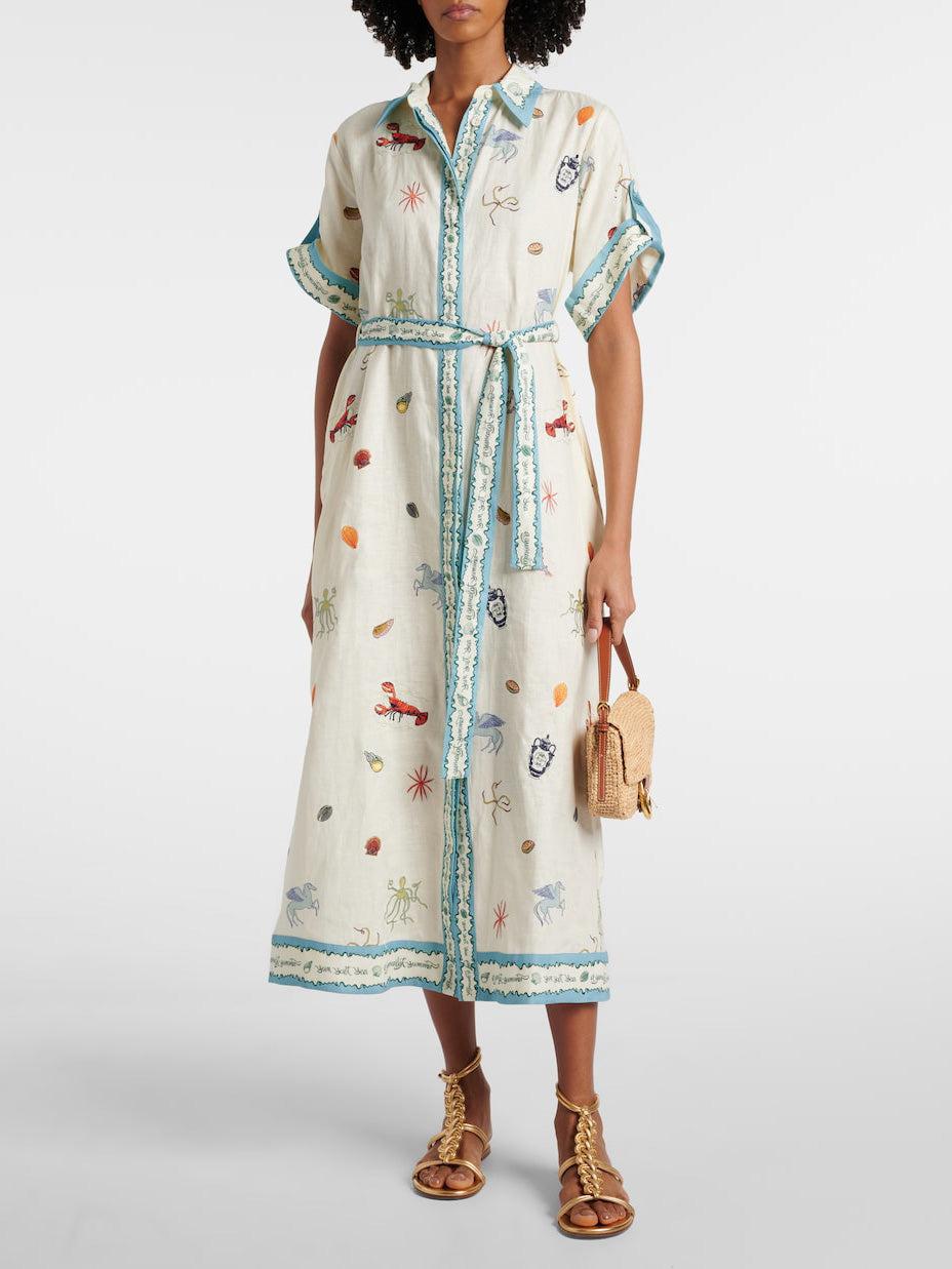 Aurohaya Fresh Ocean Lobster Print Lace-up Midi Shirt Dress
