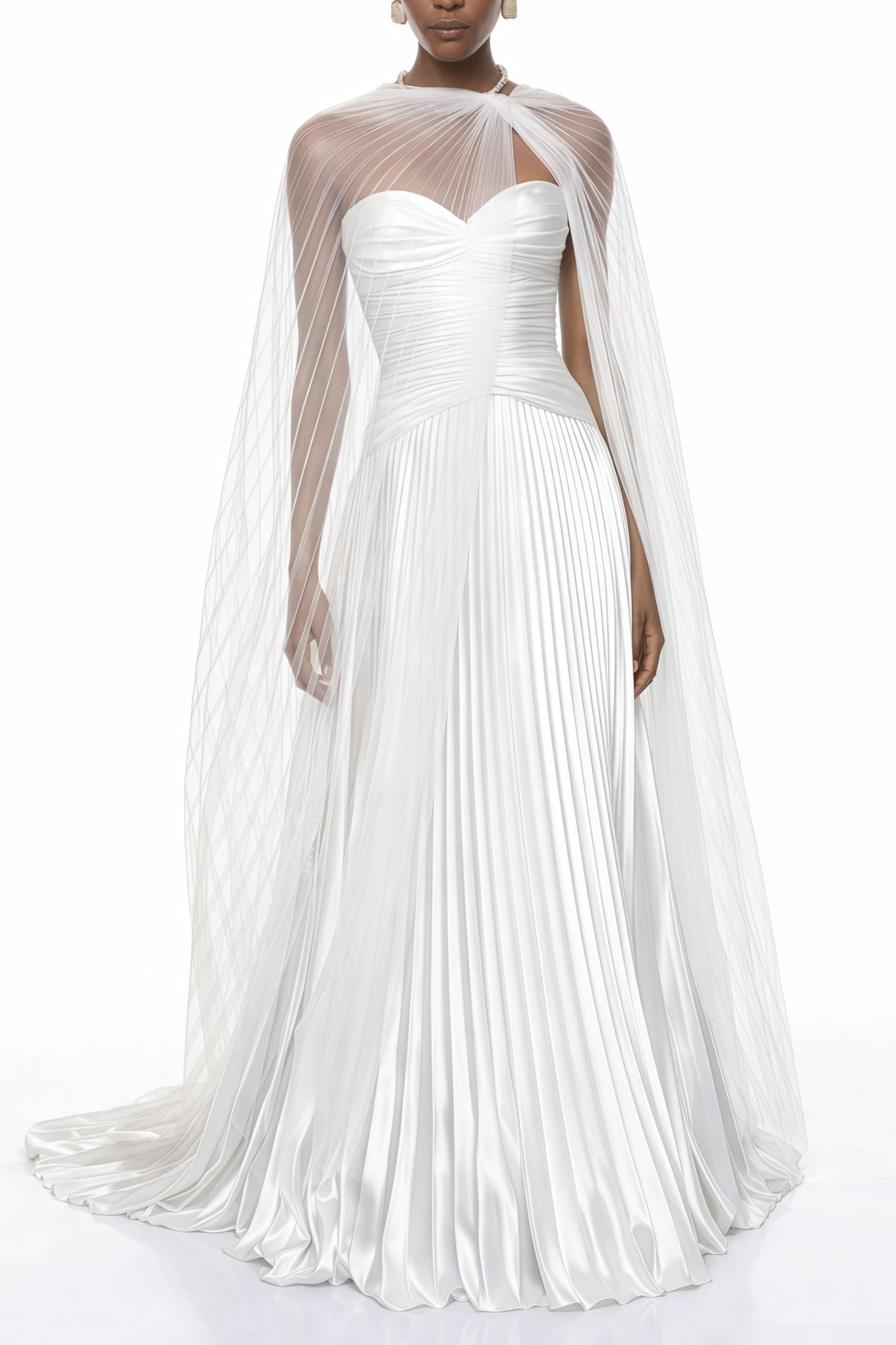 Aurohaya Palesa White Pleated Glossy Maxi Dress & Cape Set
