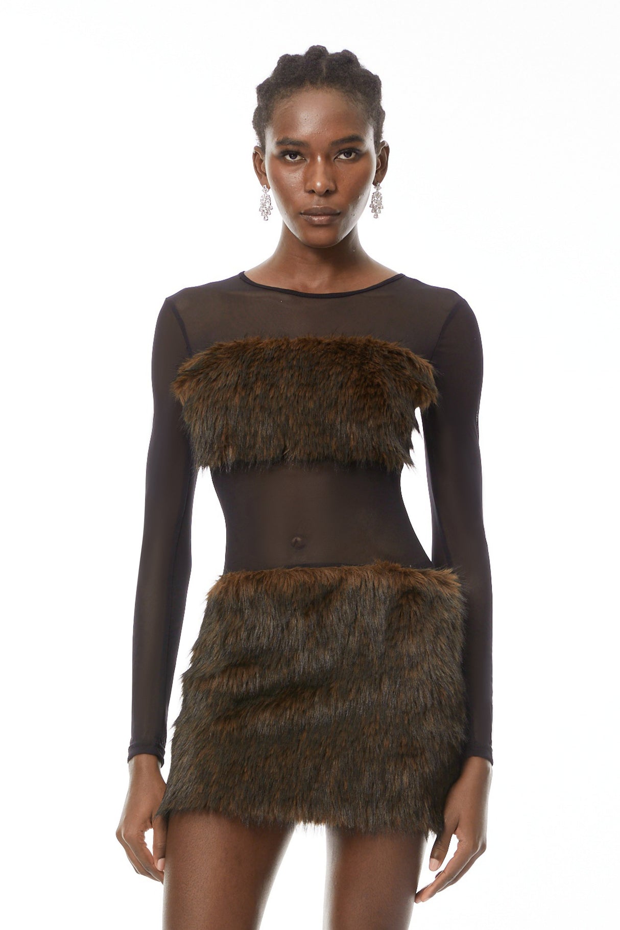 Aurohaya Paloma Brown Faux-Fur Panel Mini Dress
