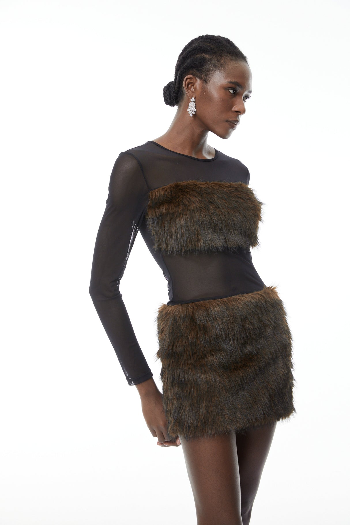 Aurohaya Paloma Brown Faux-Fur Panel Mini Dress