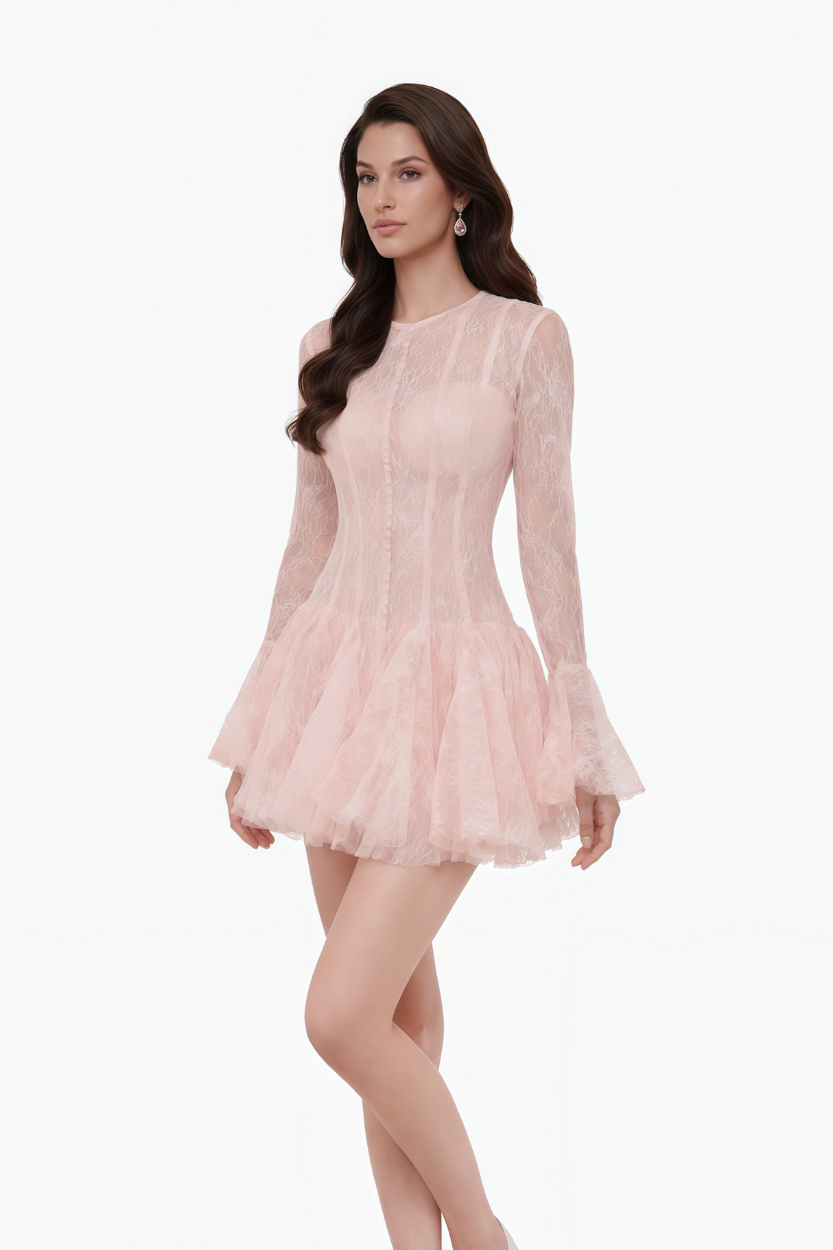 Aurohaya Pamela Pink Ruffled Mini Dress with Lace Panels