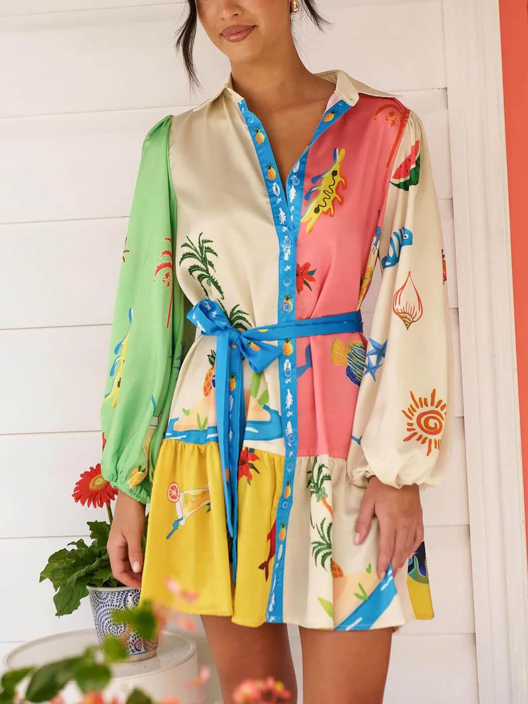 Aurohaya Graffiti Print Lace-Up Cardigan Loose Short Dress With Wide Hem Multi-Color