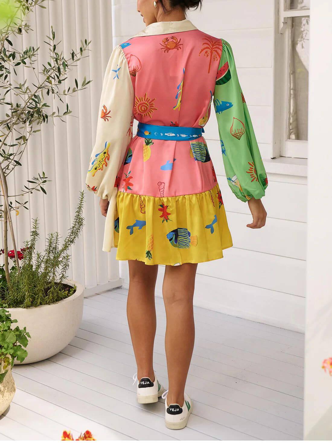 Aurohaya Graffiti Print Lace-Up Cardigan Loose Short Dress With Wide Hem