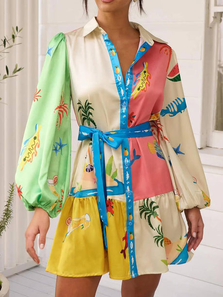 Aurohaya Graffiti Print Lace-Up Cardigan Loose Short Dress With Wide Hem