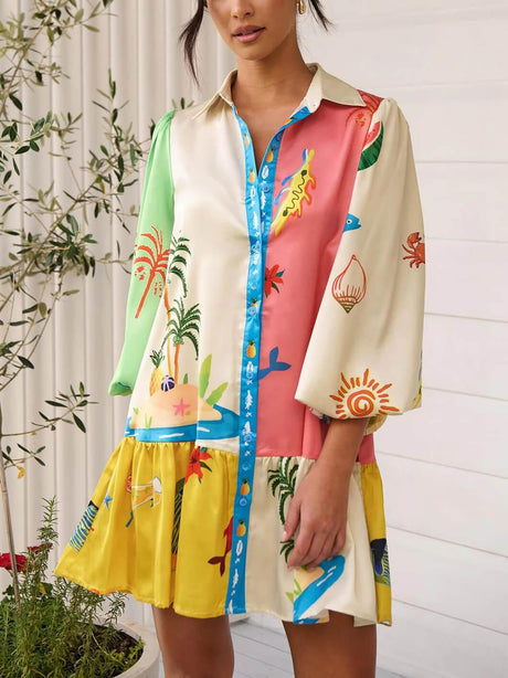 Aurohaya Graffiti Print Lace-Up Cardigan Loose Short Dress With Wide Hem