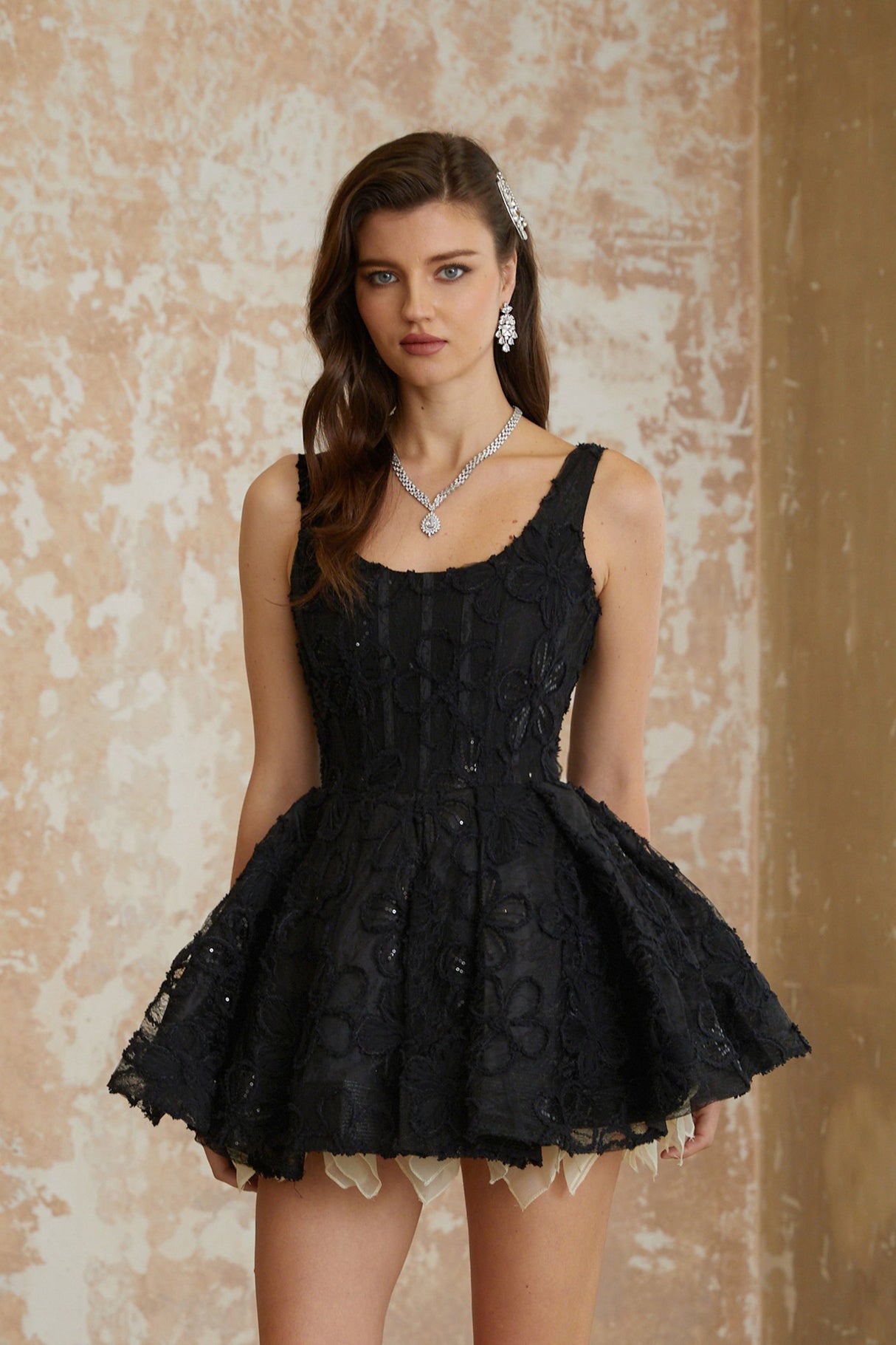 Aurohaya Patrycja Black Floral Embroidered Mini Dress