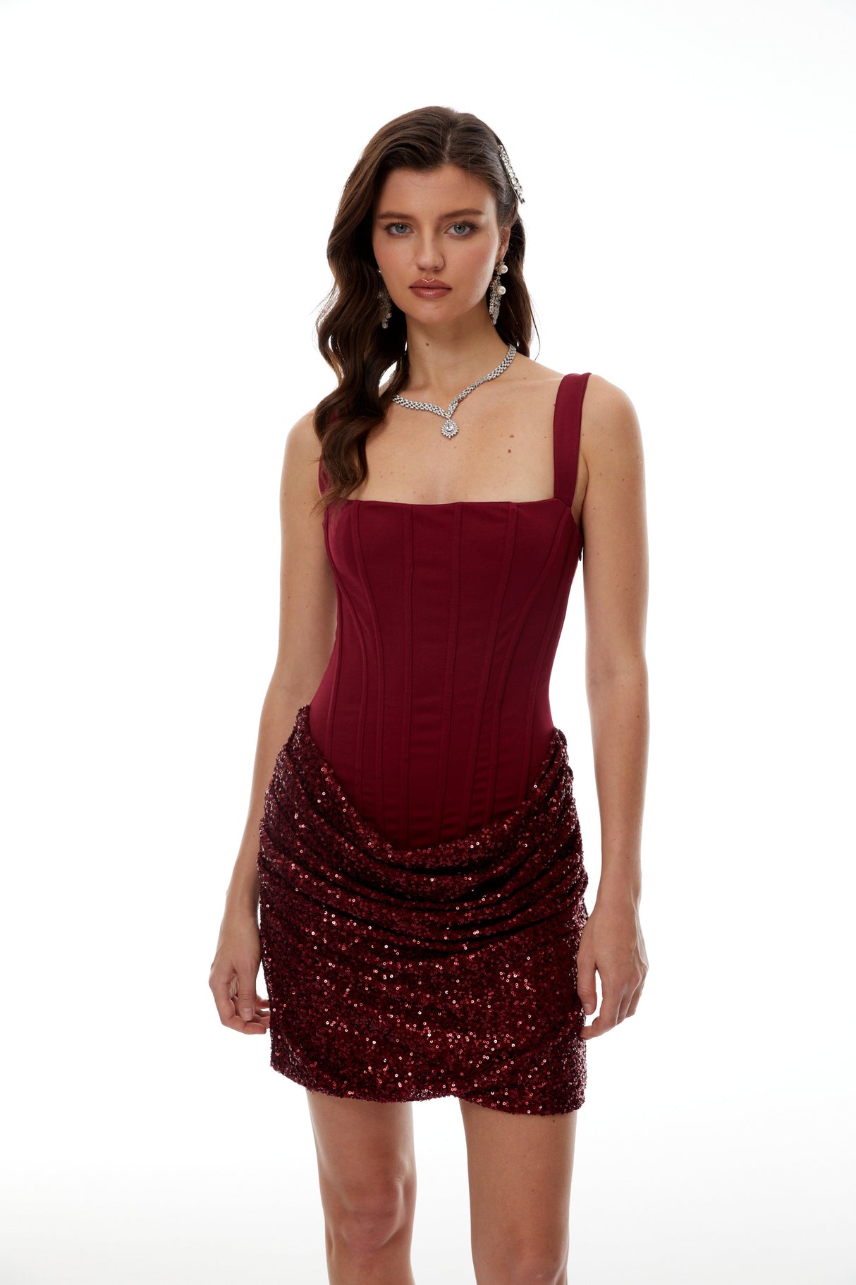 Aurohaya Paulette Red Embellished Ruched Bodycon Mini Dress