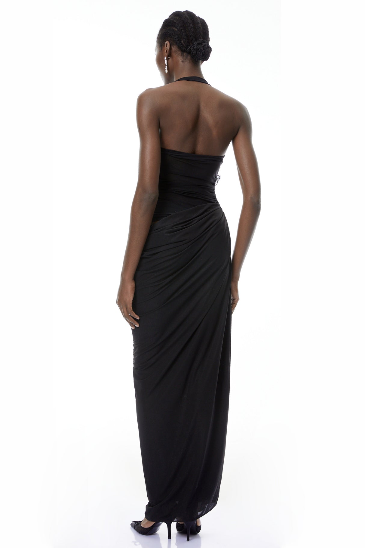 Aurohaya Pauline Black Ruched Maxi Dress with 3D Petals