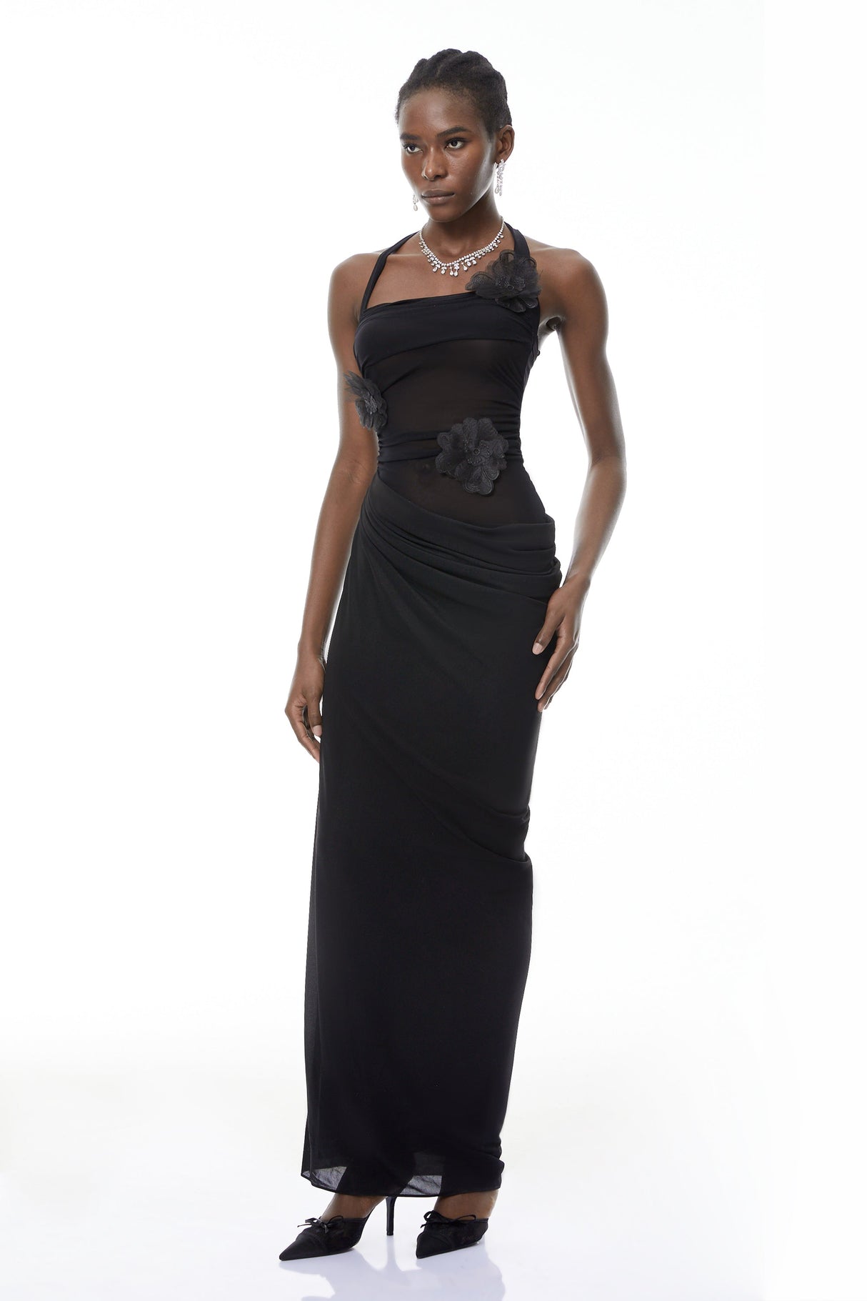 Aurohaya Pauline Black Ruched Maxi Dress with 3D Petals