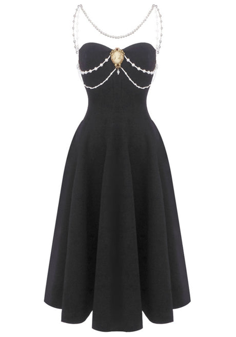Pearl Detail Strapless A Line Midi Dress Black