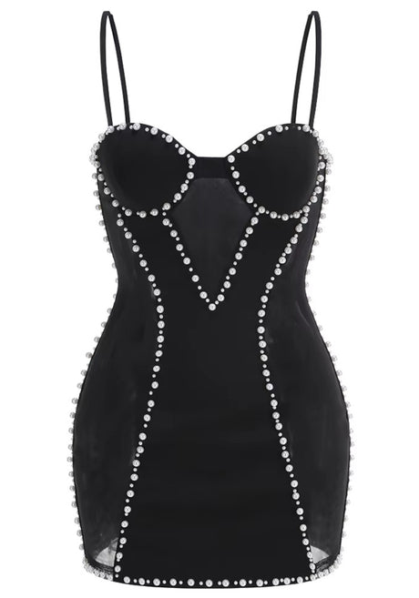 Pearl Mesh Insert Dress Black