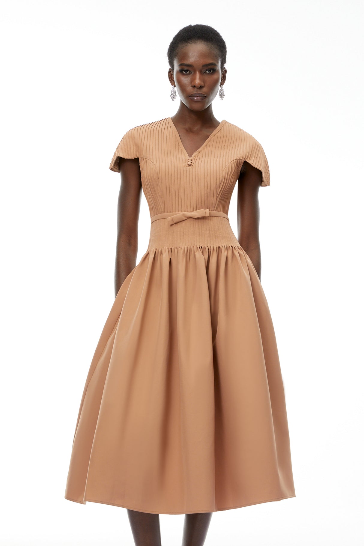 Aurohaya Phoebe Khaki Pleated Midi Dress with V-Neck