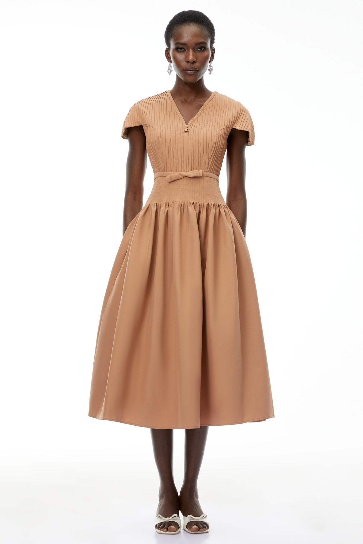 Aurohaya Phoebe Khaki Pleated Midi Dress with V-Neck