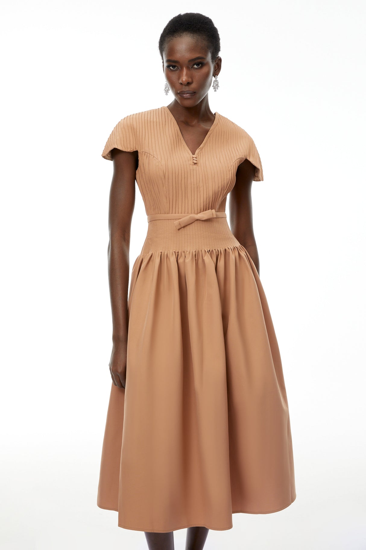 Aurohaya Phoebe Khaki Pleated Midi Dress with V-Neck