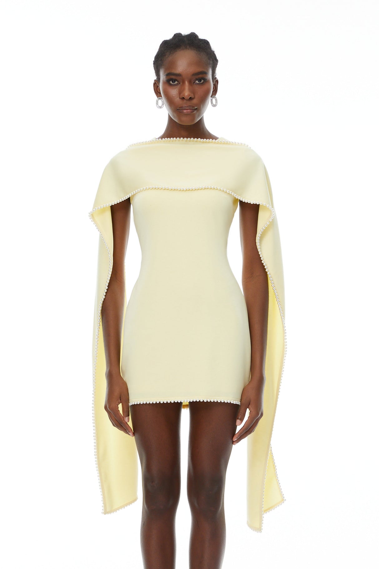 Aurohaya Piroska Yellow Sleeveless Pearl Trim Mini Dress