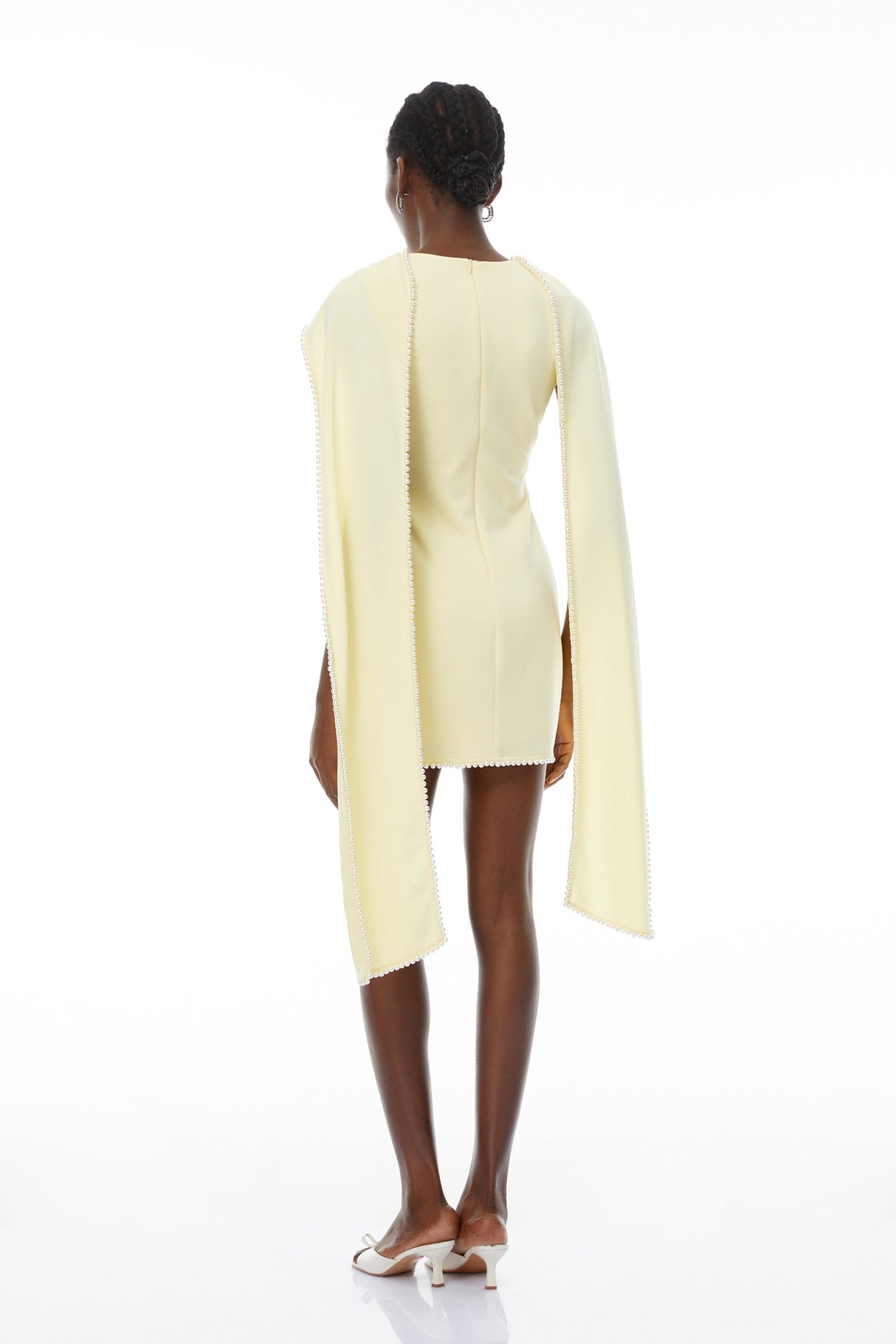 Aurohaya Piroska Yellow Sleeveless Pearl Trim Mini Dress