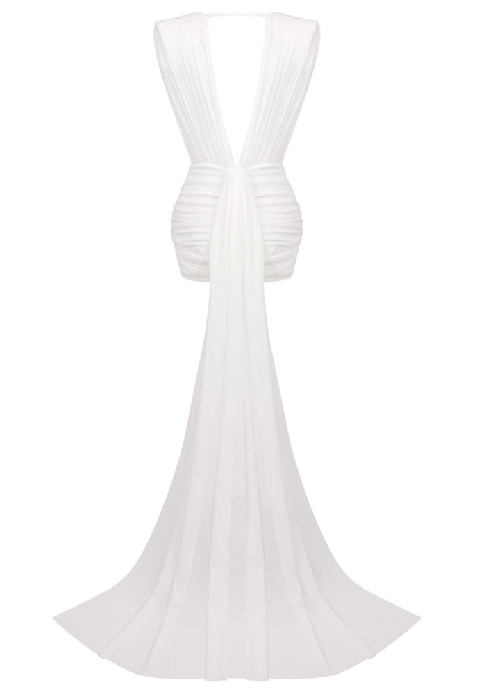 Plunge V Neck Draped Dress White