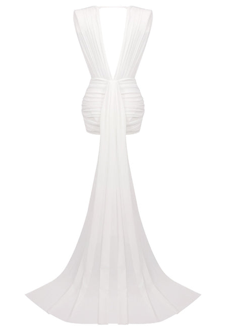 Plunge V Neck Draped Dress White