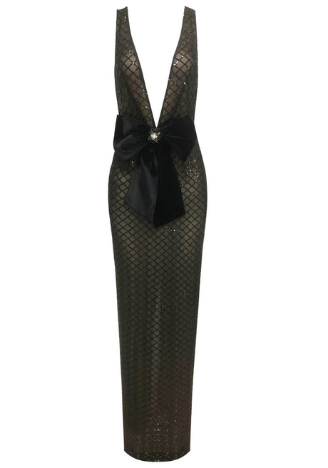 Sequin Bow Plunging Neck Maxi Dress Black