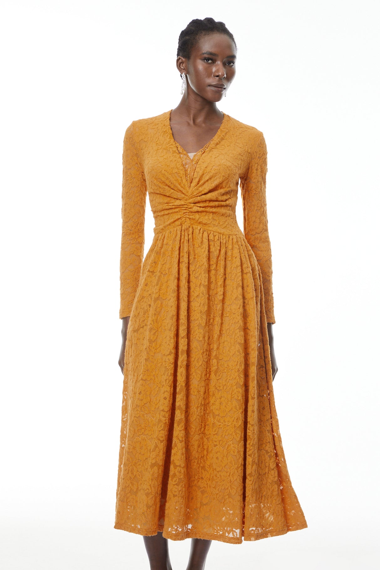 Aurohaya Posie Yellow Floral Lace Ruched Maxi Dress