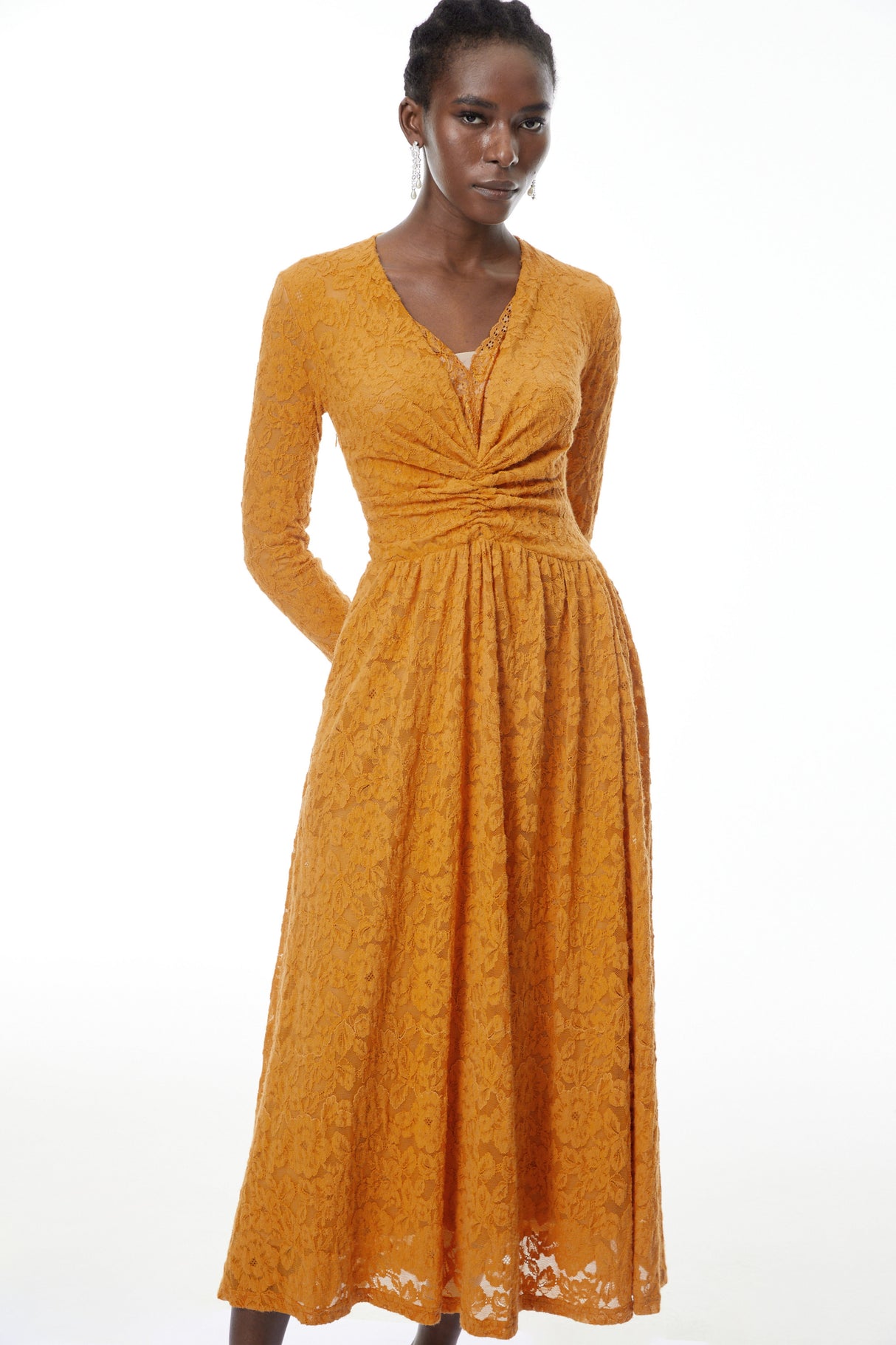 Aurohaya Posie Yellow Floral Lace Ruched Maxi Dress