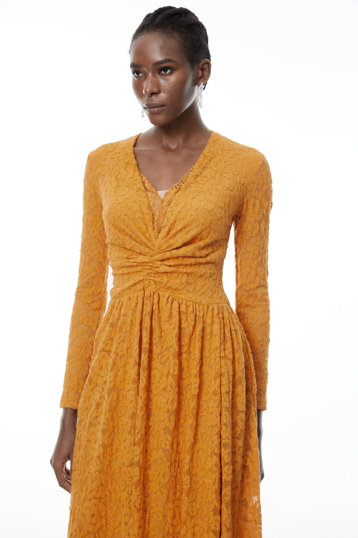 Aurohaya Posie Yellow Floral Lace Ruched Maxi Dress