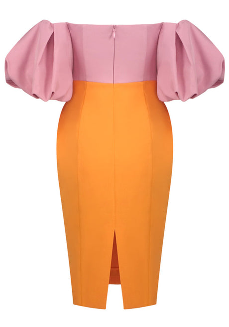 Puff Sleeve Bardot Midi Dress Pink Orange