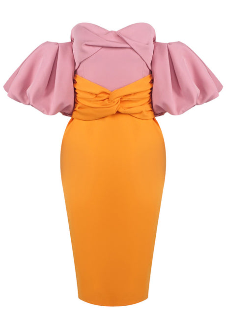 Puff Sleeve Bardot Midi Dress Pink Orange