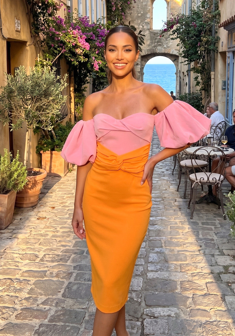 Puff Sleeve Bardot Midi Dress Pink Orange