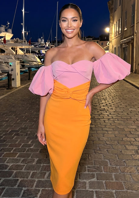Puff Sleeve Bardot Midi Dress Pink Orange