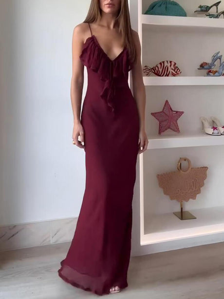 Aurohaya Exquisite Mango Ruffle Front Maxi Dress Burgundy
