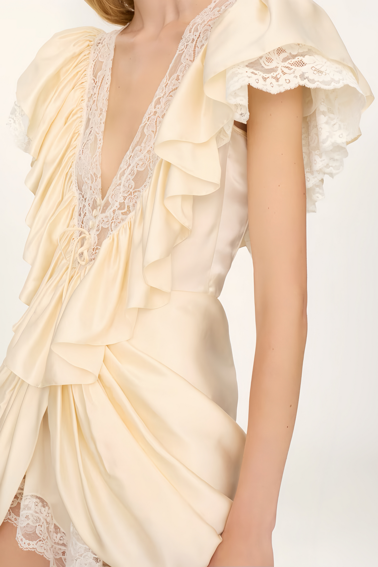 Aurohaya Nani Cream Plunge Neck Satin Jumpsuit with Lace Panels