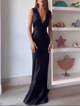 Aurohaya Elegant Black Tulle Lace-Trimmed Satin Maxi Dress Black