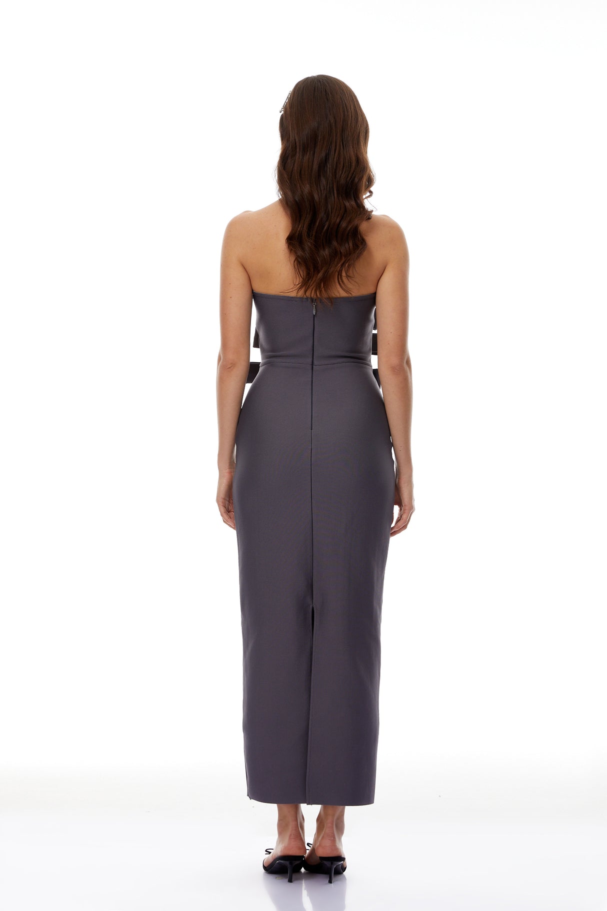 Aurohaya Quinnie Grey Bandage Bodycon Maxi Dress with Bow