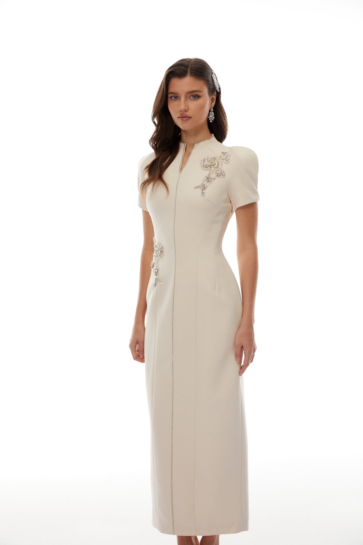 Aurohaya Quintella Neutral Floral Crystal Midi Dress