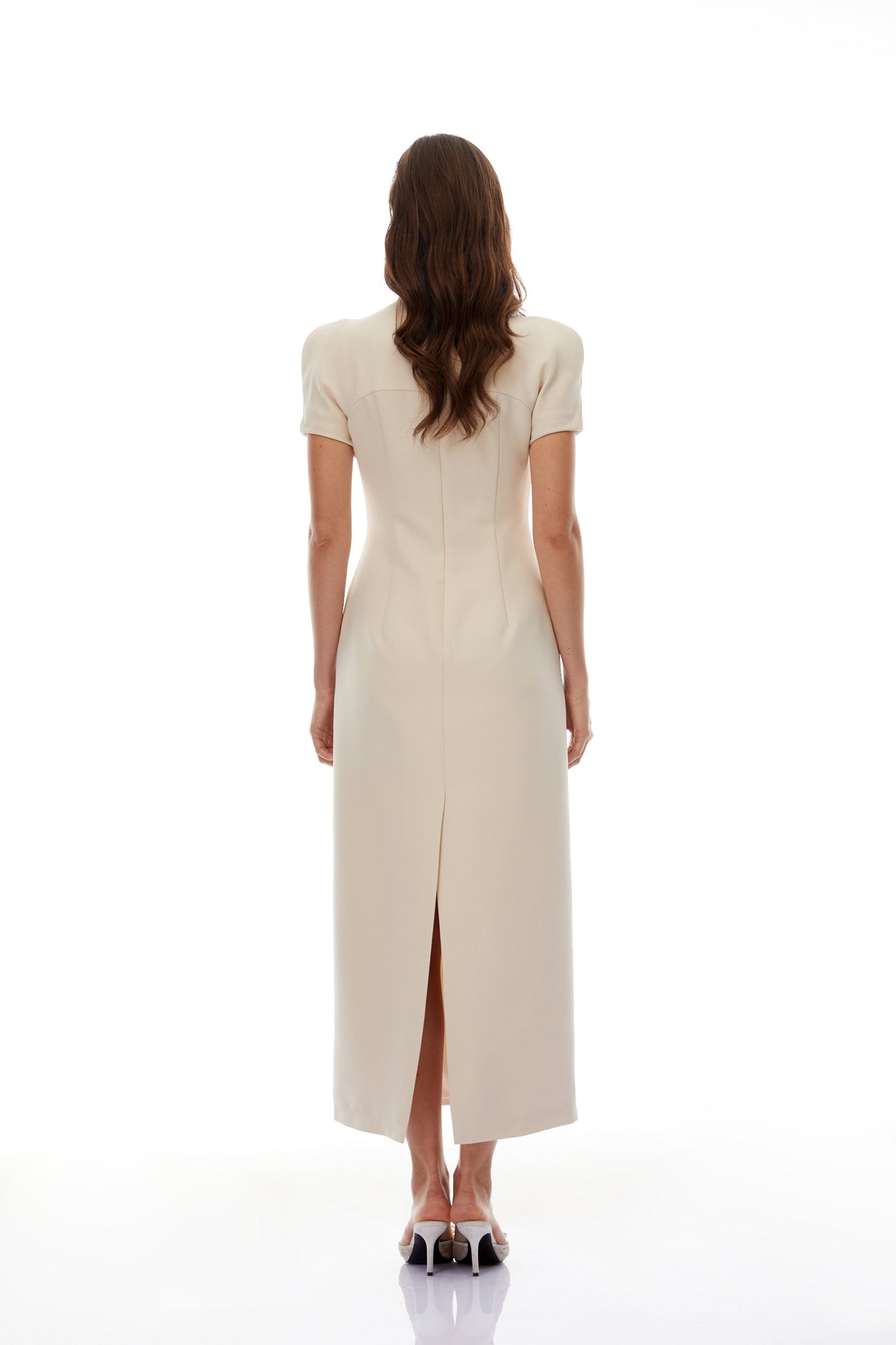 Aurohaya Quintella Neutral Floral Crystal Midi Dress