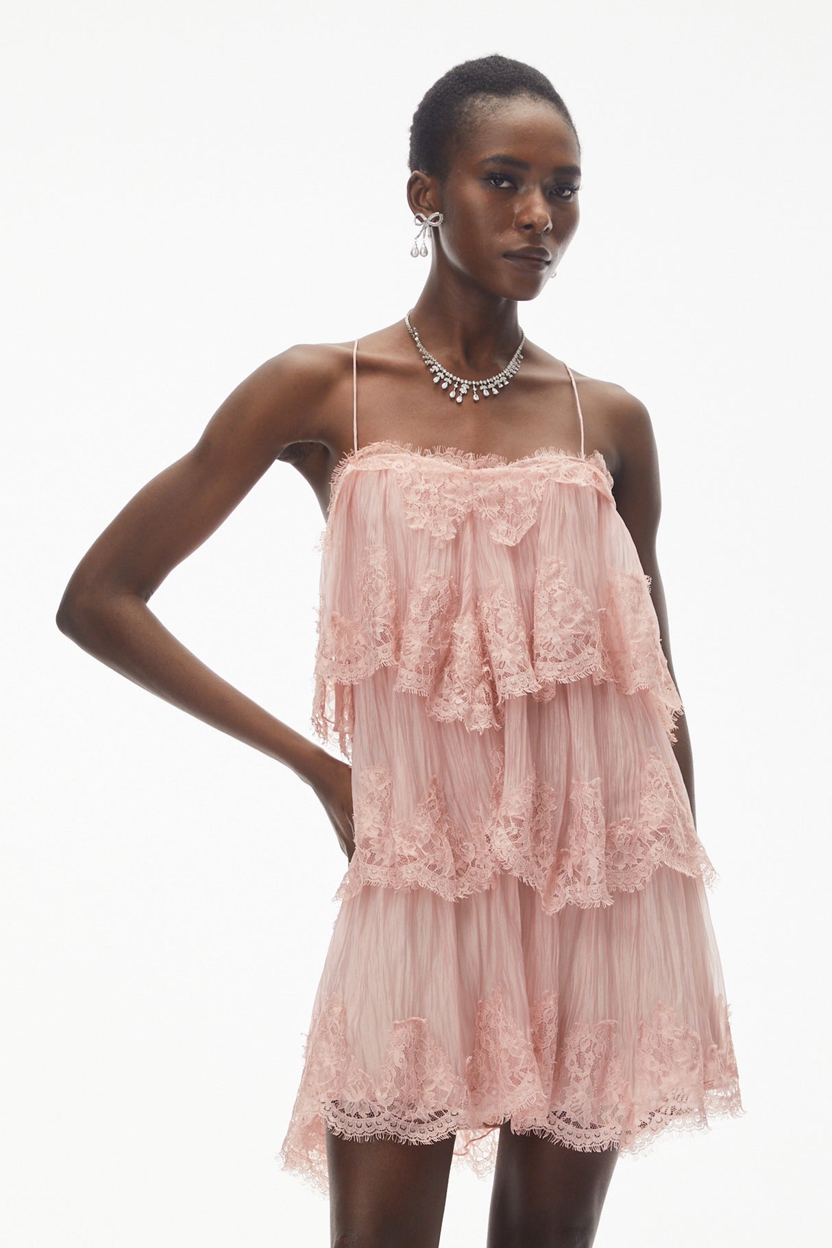 Aurohaya Rachel Pink Tiered Mini Dress with Lace Trim