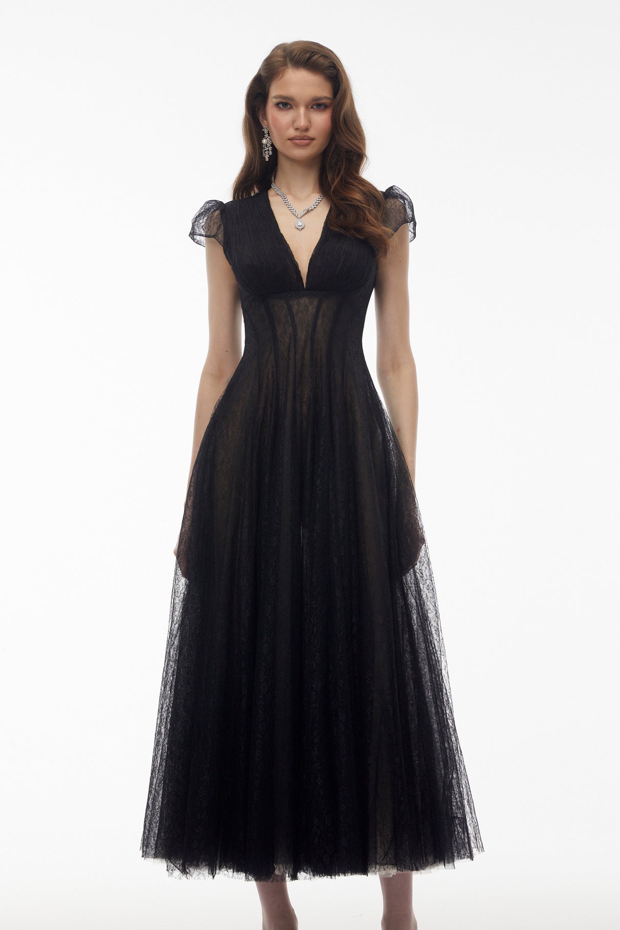 Aurohaya Radiya Black Floral Lace Pleated Maxi Dress