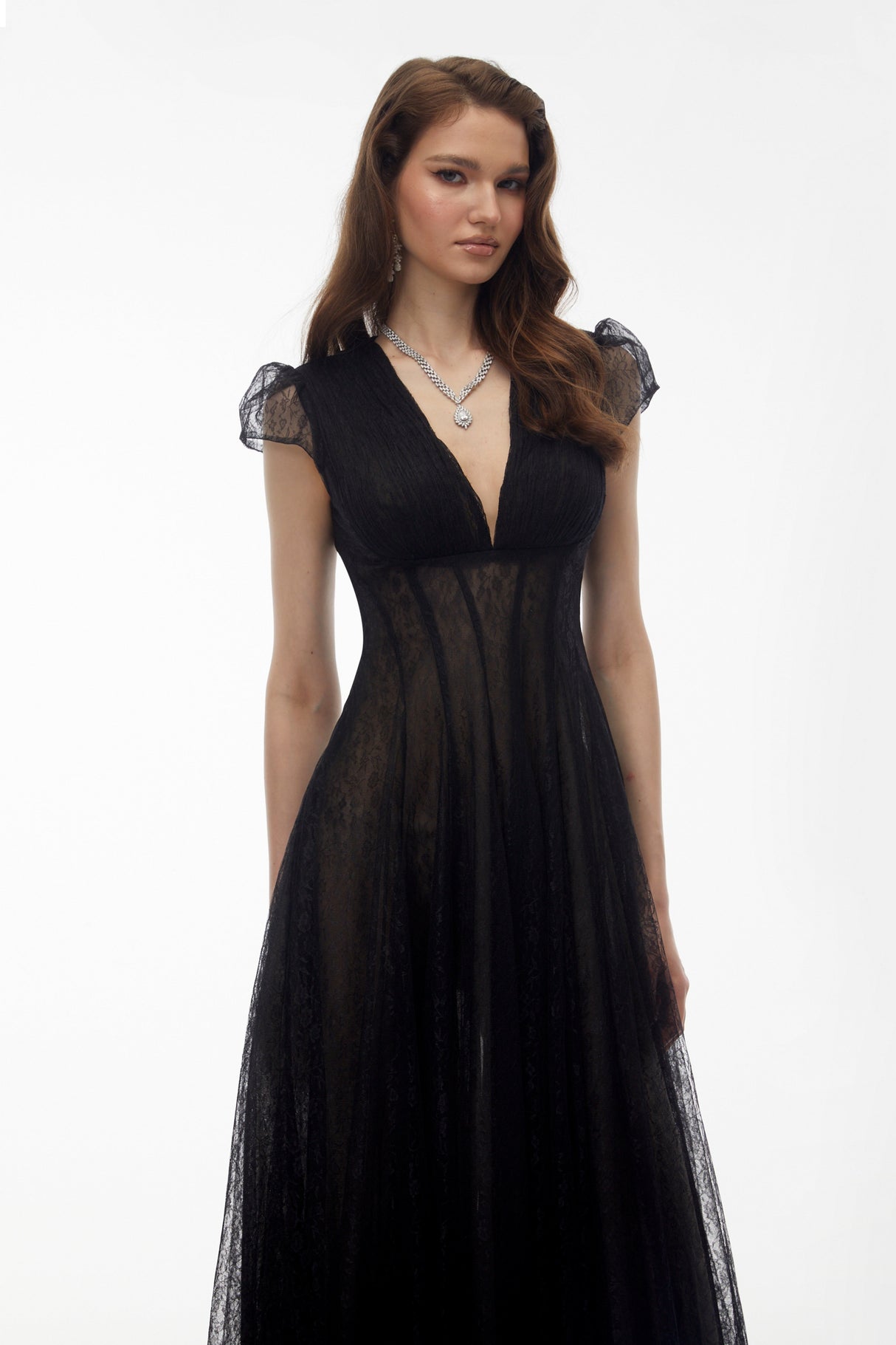 Aurohaya Radiya Black Floral Lace Pleated Maxi Dress