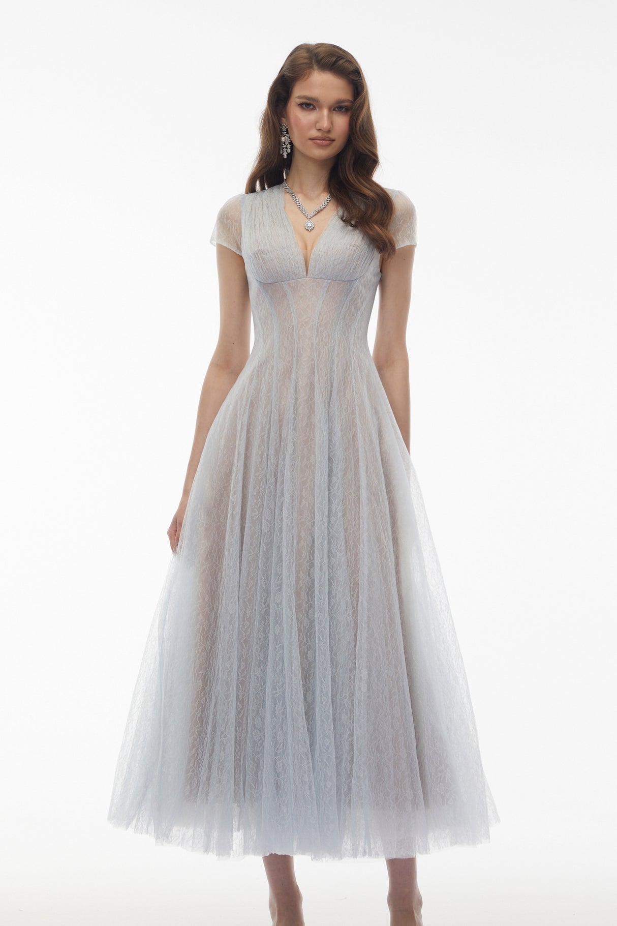 Aurohaya Radiya Blue Floral Lace Pleated Maxi Dress
